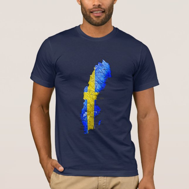 Camiseta Mapa da Suécia Cores da Bandeira (Frente)