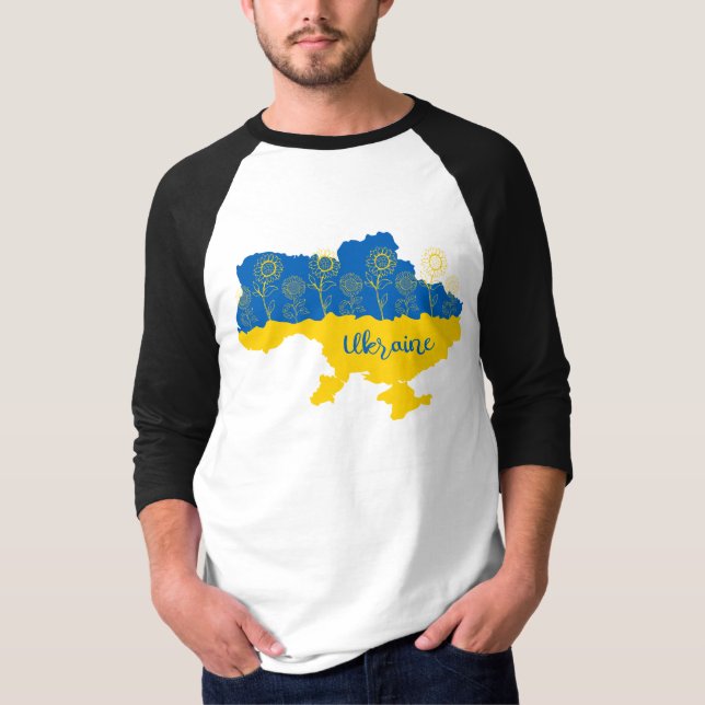 Camiseta Mapa da Ucrânia com girassol e bandeira ucraniana (Frente)