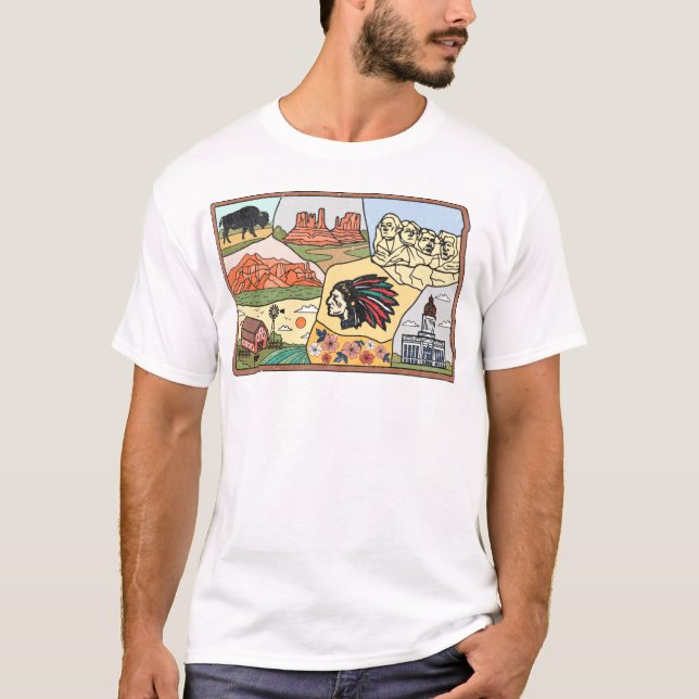 Camiseta Mapa das Ilhas Badlands Mt Rushmore Colinas Negras (Frente)