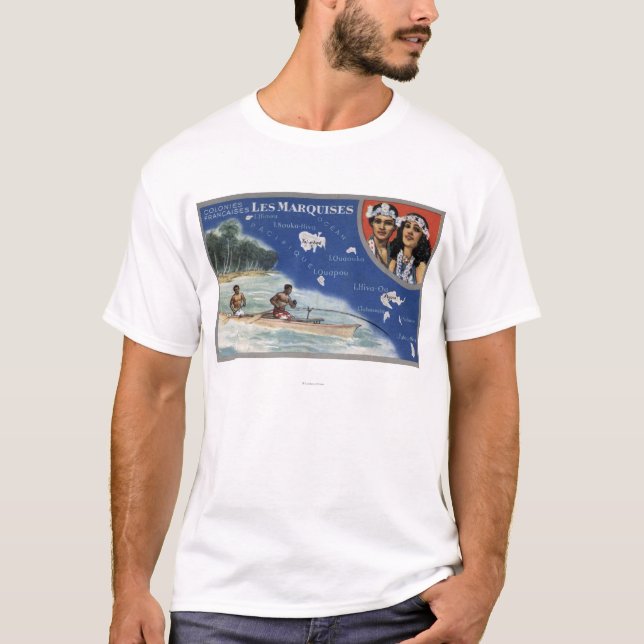 Camiseta Mapa das ilhas, nativos em uma canoa (Frente)