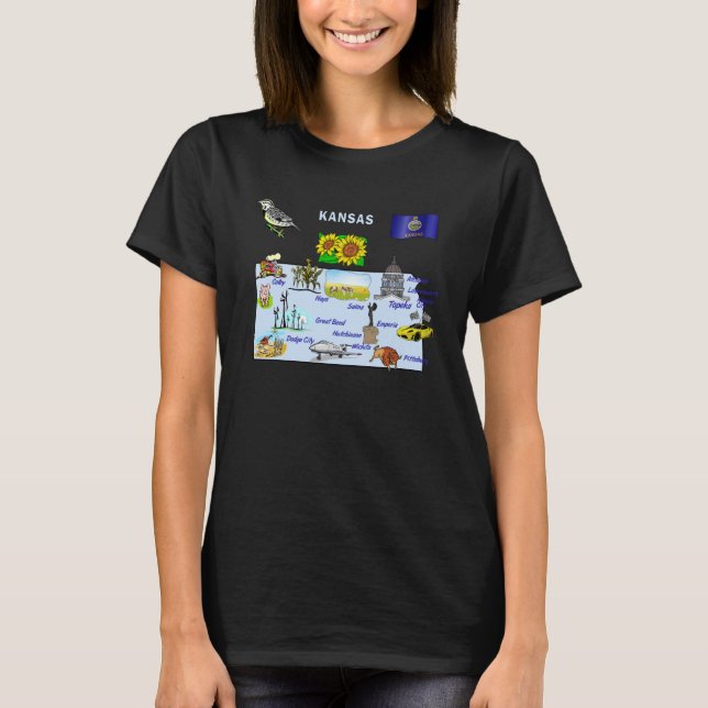 Camiseta Mapa de atrações turísticas do estado do Kansas do (Frente)