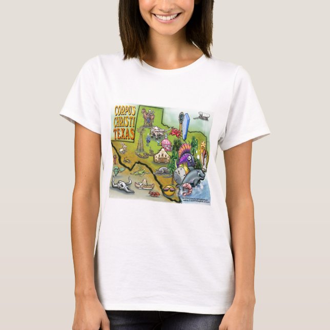 Camiseta Mapa de Cartoons do Corpus Christi Tx (Frente)