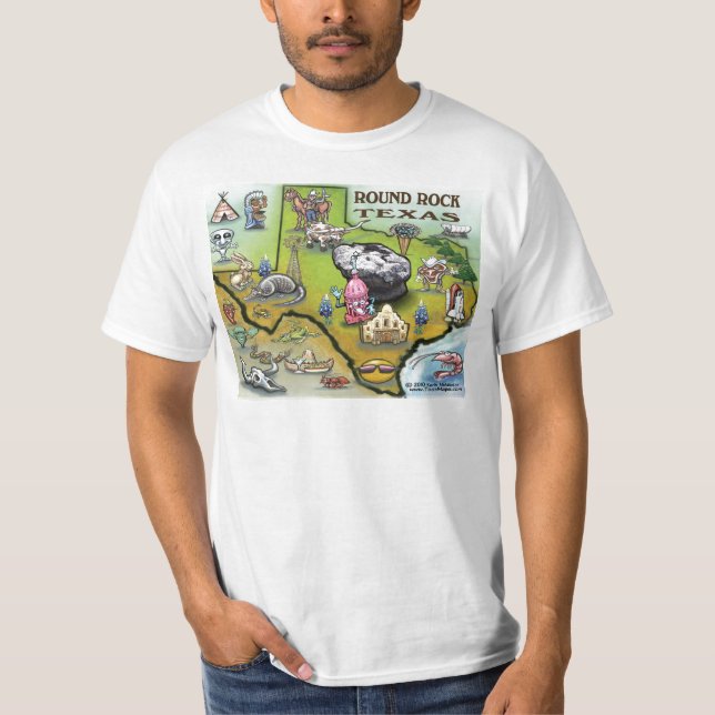 Camiseta Mapa de Cartoons do Round Rock Texas (Frente)