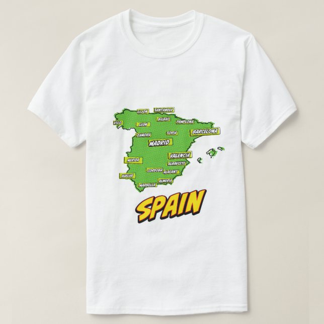 Camiseta Mapa de Espanhas Ilustrado de pop Art (Frente do Design)