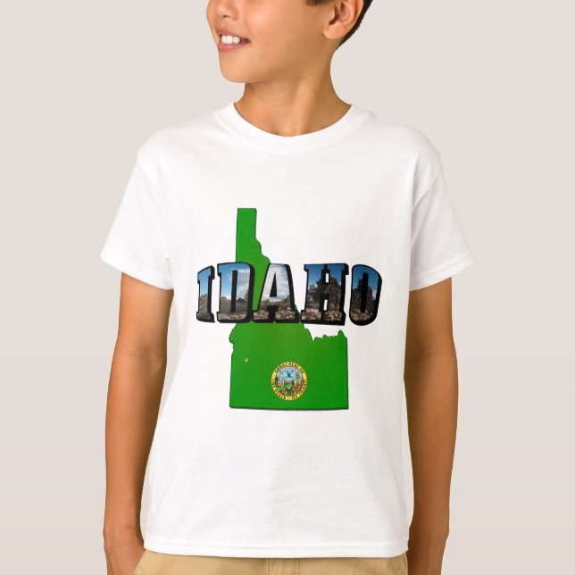Camiseta Mapa de Idaho, Selo e Texto de Imagem (Frente)
