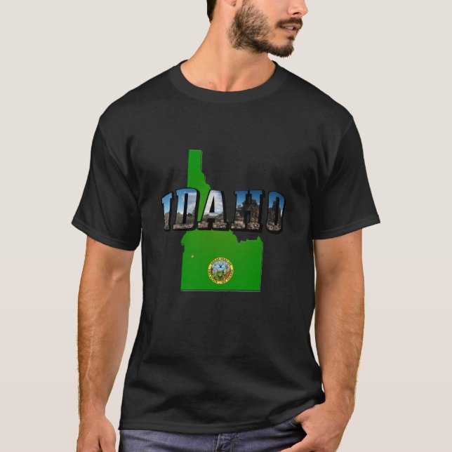 Camiseta Mapa de Idaho, Selo e Texto de Imagem (Frente)