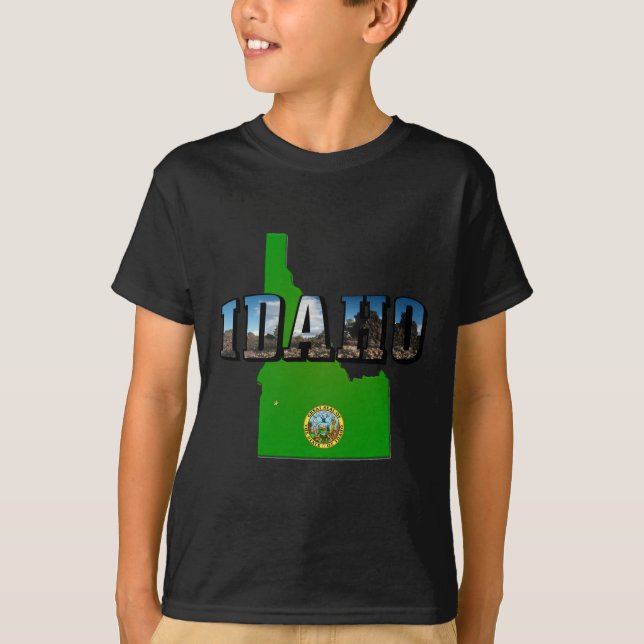 Camiseta Mapa de Idaho, Selo e Texto de Imagem (Frente)