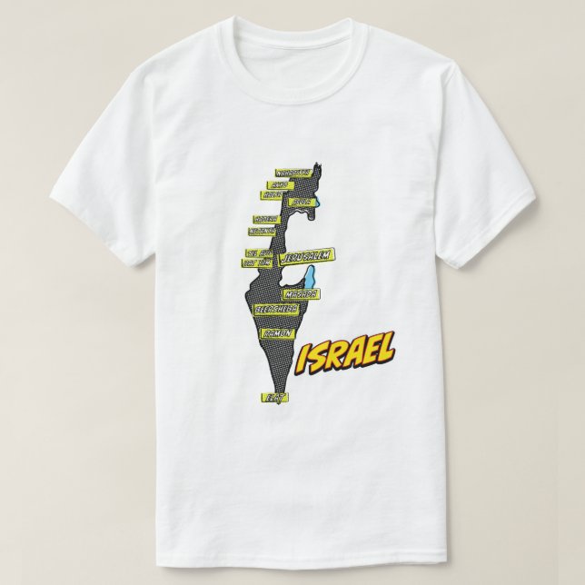 Camiseta Mapa de Israel ilustrado com pop Art (Frente do Design)