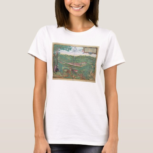 Camiseta Mapa de Linz, de "Civitates Orbis Terrarum" pelo (Frente)