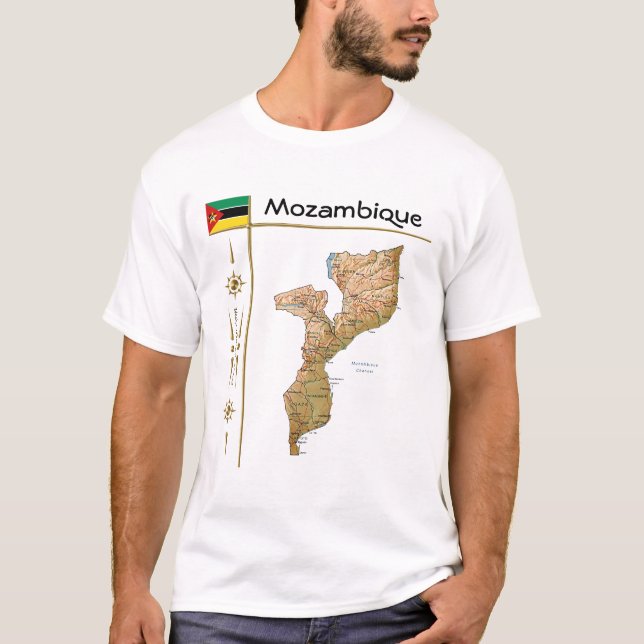 Camiseta Mapa de Moçambique + Sinalizador + Título T-Shirt (Frente)