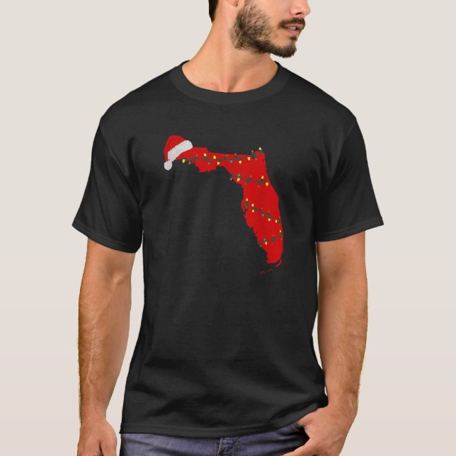 Camiseta Mapa de Natal da Flórida Luz Santa Hat Tropi (Frente)