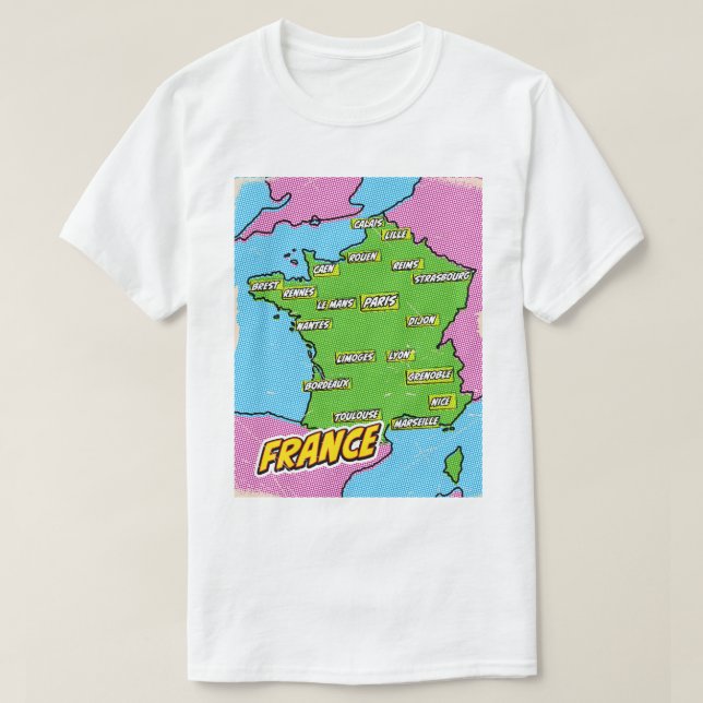 Camiseta Mapa de pop Art Ilustrado da França (Frente do Design)