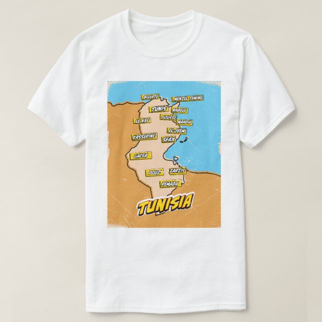Camiseta Mapa de pop Art Ilustrado da Tunísia (Frente do Design)