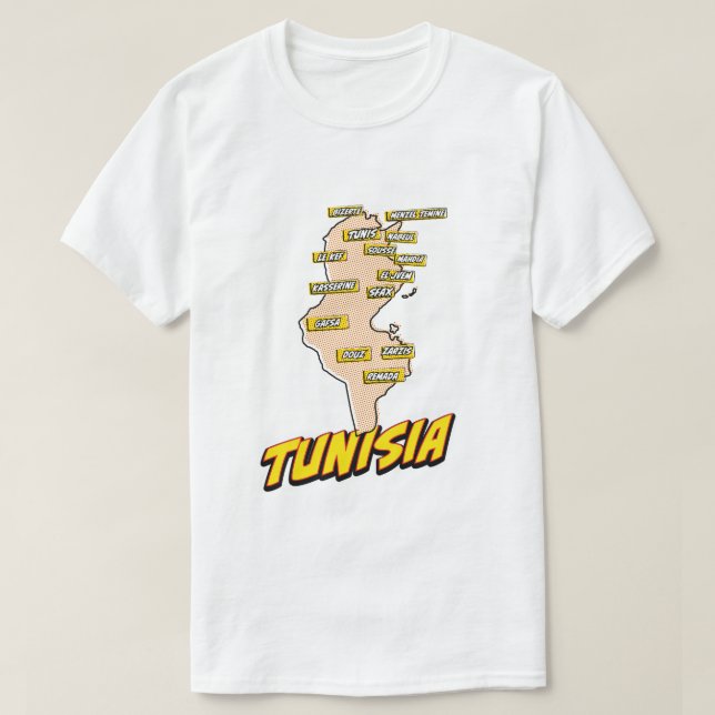 Camiseta Mapa de pop Art Ilustrado da Tunísia (Frente do Design)
