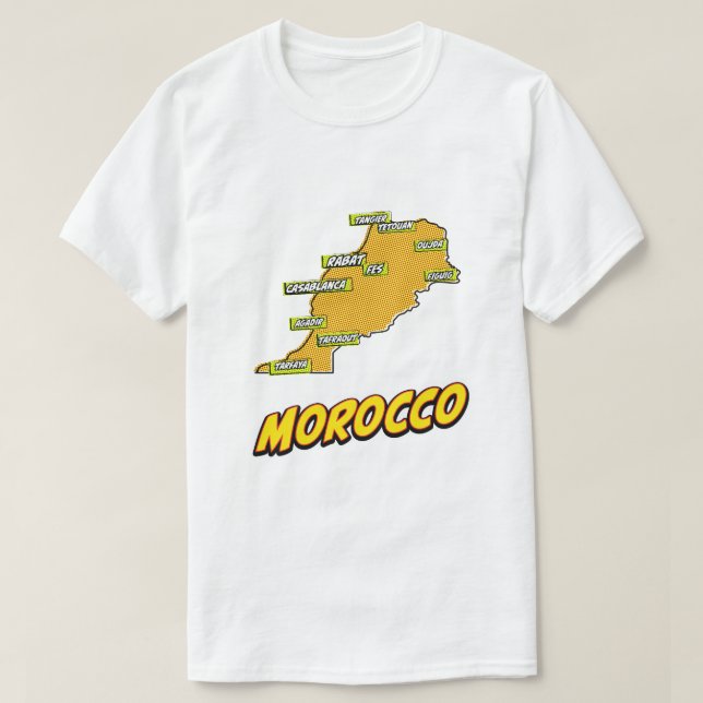 Camiseta Mapa de pop Art Ilustrado em Marrocos (Frente do Design)