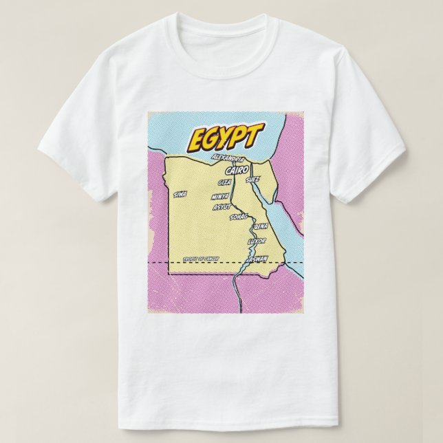 Camiseta Mapa de pop Art Ilustrado no Egito (Frente do Design)