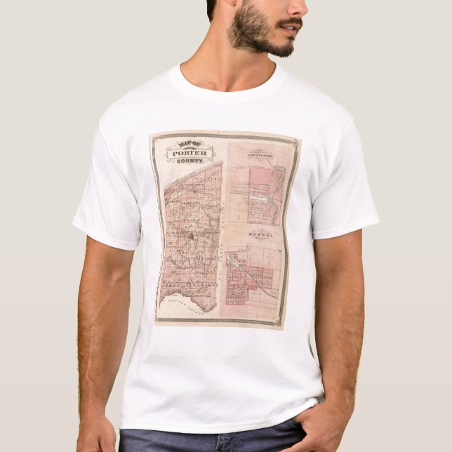 Camiseta Mapa de Porter County com Chesterton, Hebron (Frente)