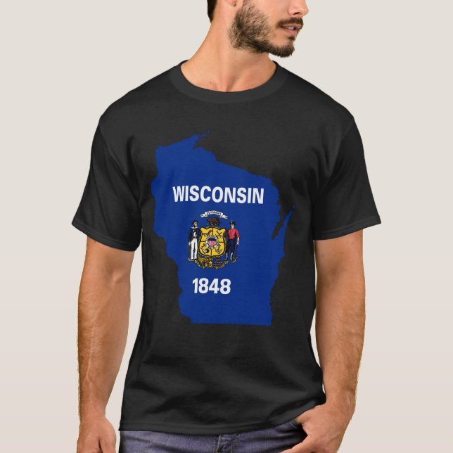 Camiseta Mapa de Sinalizador de Wisconsin, Símbolo de Estad (Frente)