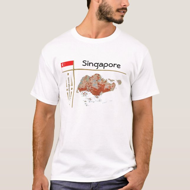 Camiseta Mapa de Singapura + Sinalizador + Título T-Shirt (Frente)