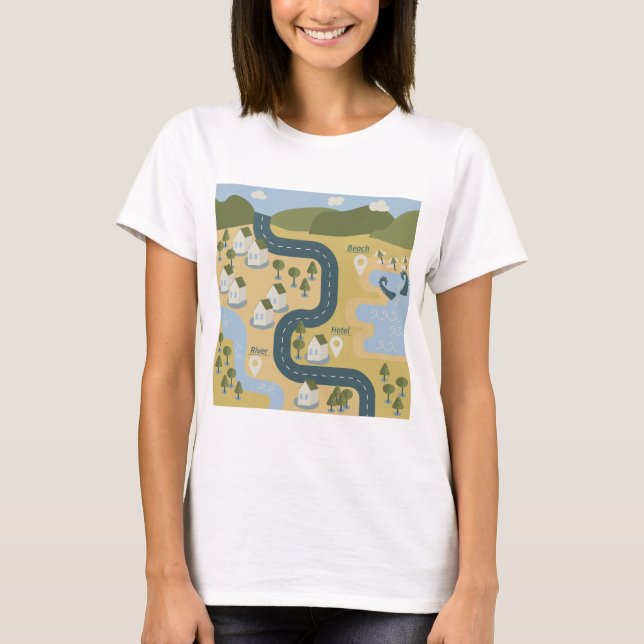 Camiseta mapa de viagem de férias do cenário de cartoon na  (Frente)