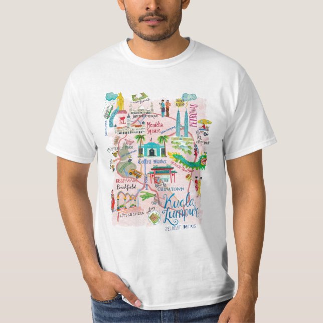 Camiseta Mapa de viagem ilustrativo rosa de Kuala Lumpur (Frente)
