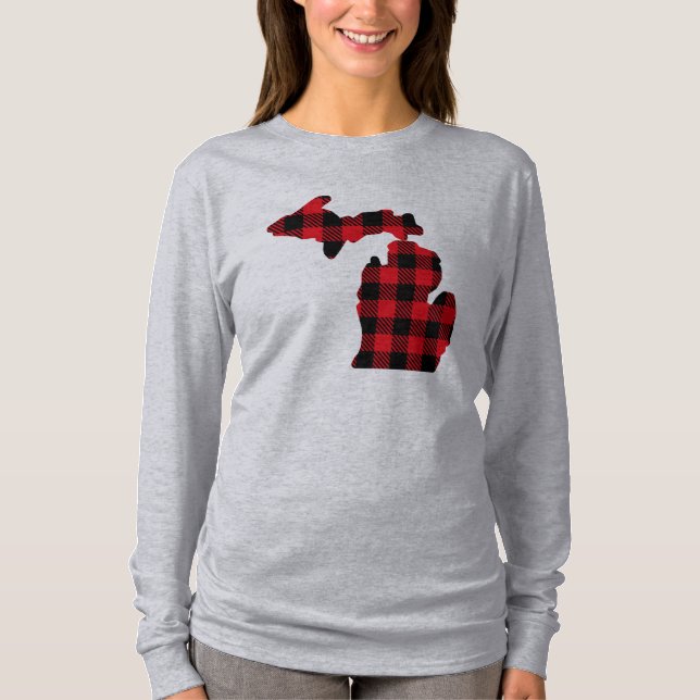 Camiseta Mapa de Xadrezes Vermelho-Preto do Michigan - Lent (Frente)