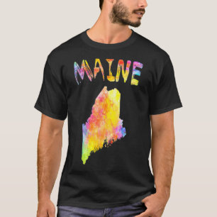 Camiseta Mapa Digital do Estado do Maine com Aquarela Multi