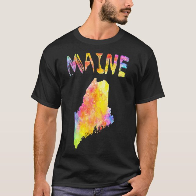 Camiseta Mapa Digital do Estado do Maine com Aquarela Multi (Frente)
