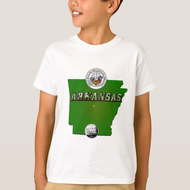Camiseta Mapa do Arkansas, Selo e Serviço Estatal Faux Quar (Frente)