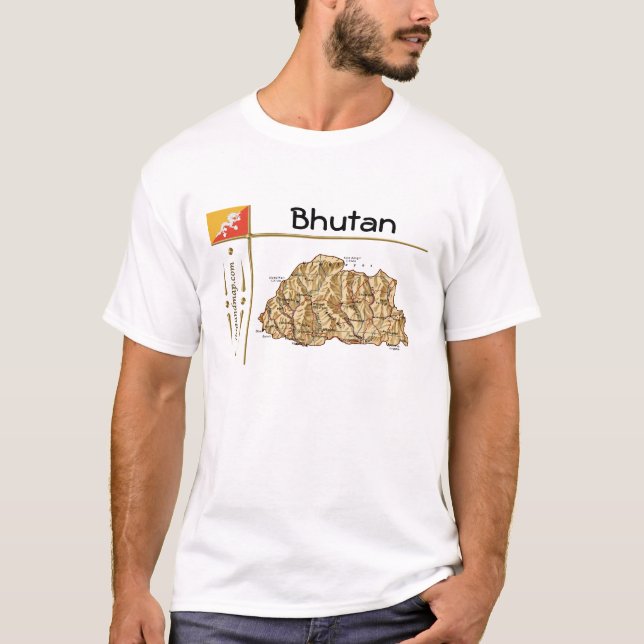 Camiseta Mapa do Butão + Sinalizador + Título T-Shirt (Frente)
