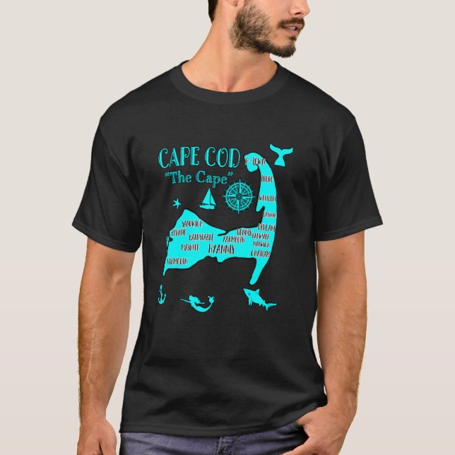 Camiseta Mapa do Cabo Cod Azul Aqua Símbolos Náuticos Peixe (Frente)