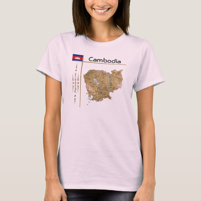 Camiseta Mapa do Camboja + Sinalizador + Título T-Shirt (Frente)