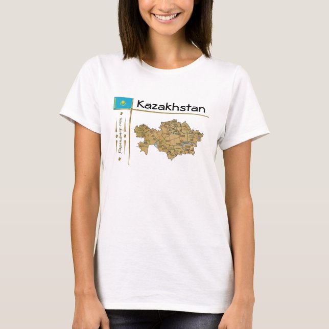 Camiseta Mapa do Cazaquistão + Sinalizador + Título T-Shirt (Frente)