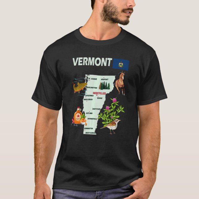 Camiseta Mapa do Estado de Vermont Símbolos das Grandes Cid (Frente)