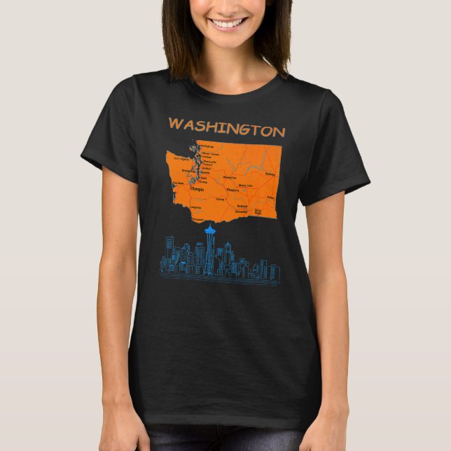 Camiseta Mapa do Estado de Washington - Skyline da Cidade d (Frente)