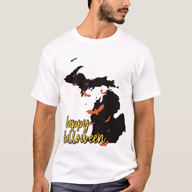 Camiseta Mapa do Estado do Michigan Feliz Halloween Bats (Frente)