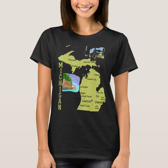 Camiseta Mapa do Michigan Cities Michigan Landscape Illus (Frente)