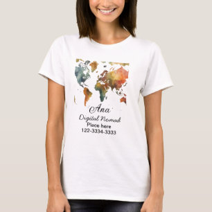 Camiseta Mapa do mundo adicione seu nome texto localidade t