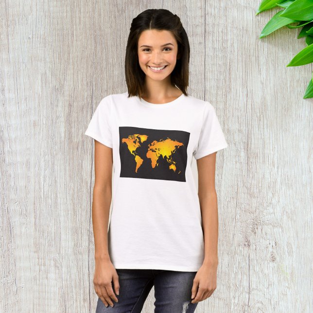 Camiseta Mapa do mundo brilhante em laranja e amarelo (Criador carregado)