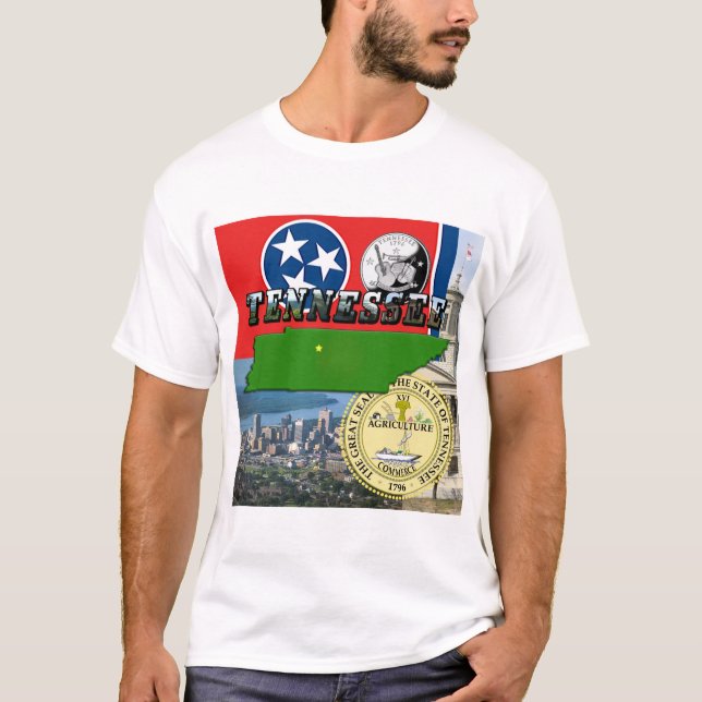 Camiseta Mapa do Tennessee, bandeira, selo do estado e foto (Frente)