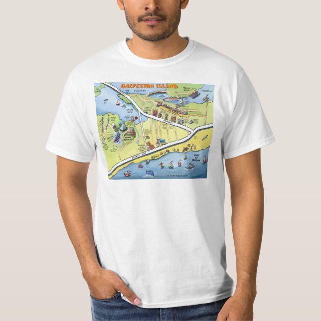 Camiseta Mapa dos desenhos animados de Galveston Texas (Frente)
