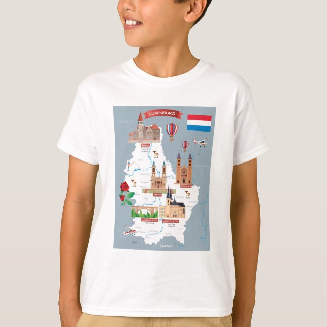 Camiseta Mapa dos desenhos animados de Luxemburg (Frente)
