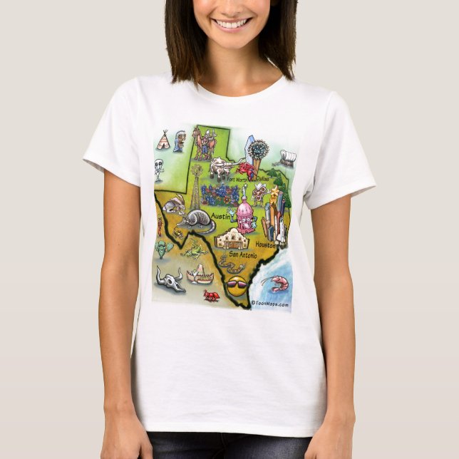 Camiseta Mapa dos desenhos animados de Texas (Frente)