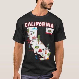 Camiseta Mapa dos marcos da Califórnia, grandes cidades, ba