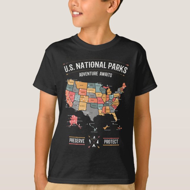 Camiseta Mapa dos Parques Nacionais dos EUA Preservar Prote (Frente)