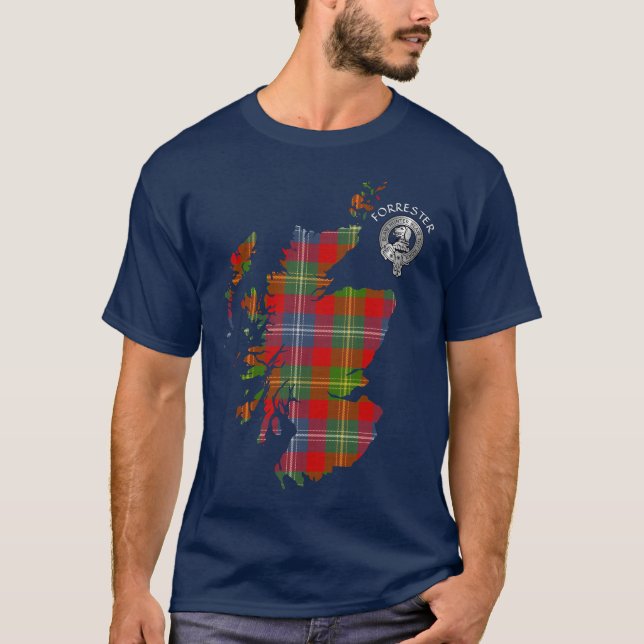 Camiseta Mapa e Crest do Clan Forrester Tartan (Frente)