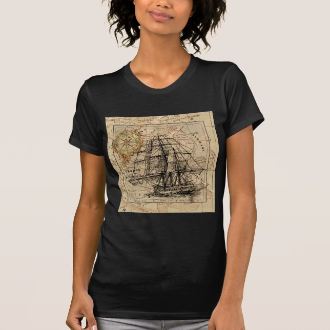 Camiseta Mapa e navio antigo do General France (Frente)