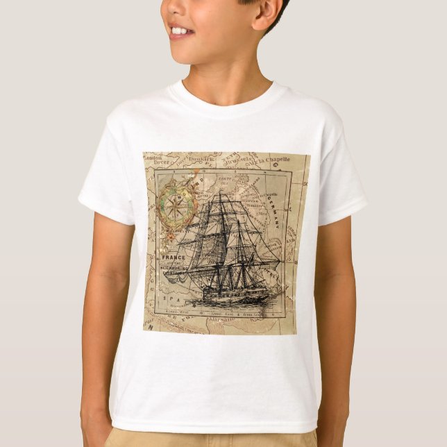 Camiseta Mapa e navio antigo do General France (Frente)