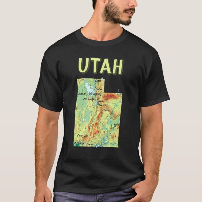 Camiseta Mapa Elevado Das Grandes Cidades Do Estado De Utah (Frente)