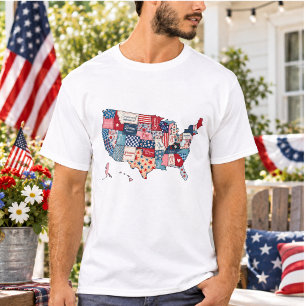 Camiseta Mapa EUA América Retrô 4 de Julho